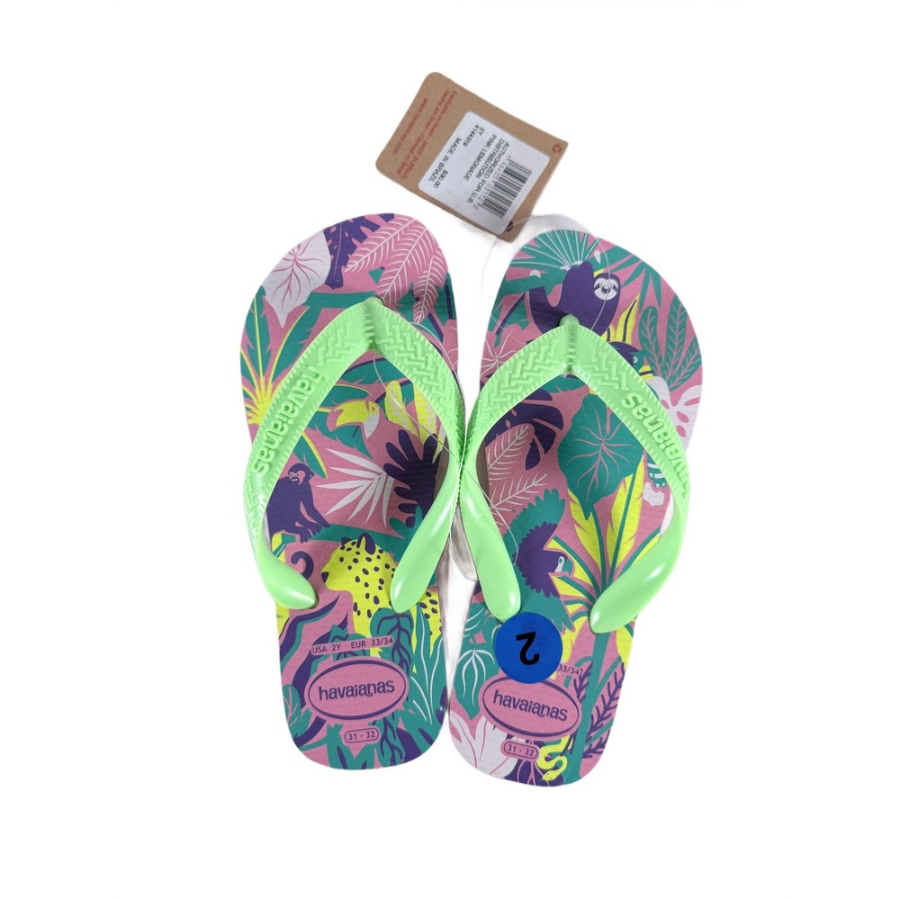 Havaianas Pink Lemonade Flip Flops Sandals Girls Size 2Y Sloth Leopard Jungle